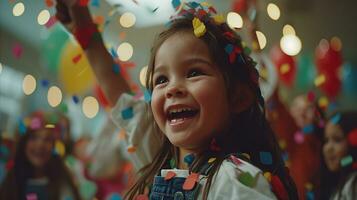 AI generated Joyful girl enjoying a colorful confetti celebration at a party photo