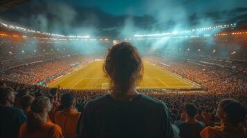 ai generado espectador disfrutando atmósfera a estadio durante Noche fútbol americano partido foto