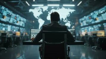 AI generated Businessman overlooking global operations in high-tech control room photo