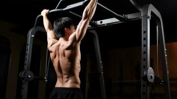 AI generated A man performing pull ups on a pull up bar, showcasing strength and fitness. photo