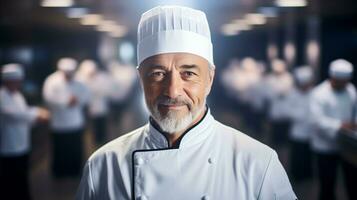 AI generated Senior chef standing in front of his cooking team. Generative AI photo