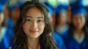 AI generated Confident young woman in graduation gown smiling proudly during ceremony photo