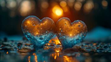 AI generated Two hearts floating in water with the sun shining in the background, creating a serene and romantic atmosphere. photo