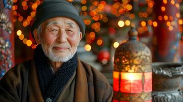 AI generated Elderly asian man smiling gently with festive lights and lantern in background photo