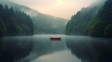 AI generated Solitary red boat on a misty lake at sunrise surrounded by forest photo