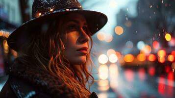 ai generado contemplativo mujer en sombrero en lluvioso ciudad calle a noche foto