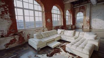 AI generated Spacious loft interior with large windows and white leather couch photo