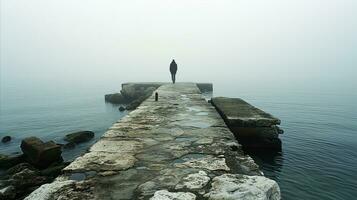 AI generated Solitary figure walking on a misty pier over calm sea water photo