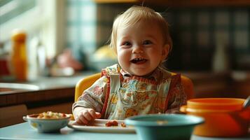 ai generado un bebé sentado en un comida silla comiendo alimento. generativo ai foto