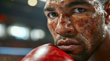 ai generado un de cerca de un hombre vistiendo un rojo boxeo guante, Listo para un luchar. generativo ai foto