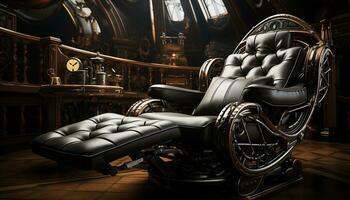 AI generated Comfortable leather armchair inside an elegant, old fashioned vehicle interior generated by AI photo