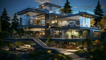 AI generated Night illuminates modern architecture, a luxury home with glowing windows generated by AI photo