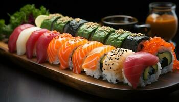 ai generado Fresco Mariscos lámina, un gastrónomo comida de arrollado arriba sashimi variaciones generado por ai foto
