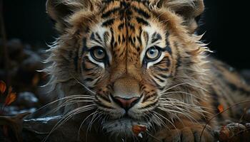 ai generado majestuoso Bengala tigre, gato montés, curioso, peligro, belleza en naturaleza generado por ai foto