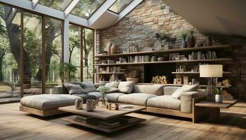 AI generated Modern domestic room indoors, sofa, home interior, living room, lifestyles, table, wood, flooring, architecture, luxury generated by AI photo