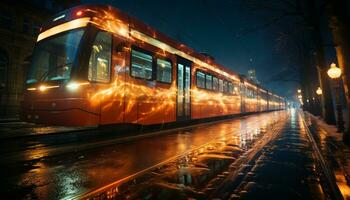 ai generado Noche paisaje urbano, iluminado por calle luces, con tráfico en movimiento generado por ai foto