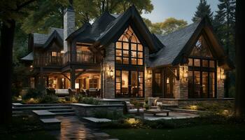 AI generated A modern home, illuminated by lanterns, nestled in nature embrace generated by AI photo