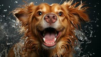 AI generated A wet puppy cleans its fur, splashing water in fun generated by AI photo