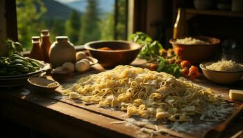 AI generated Fresh, homemade pasta on rustic wooden table, healthy Italian cuisine generated by AI photo