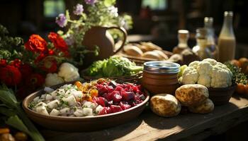 AI generated Freshness of nature bounty on a wooden table, a healthy meal generated by AI photo