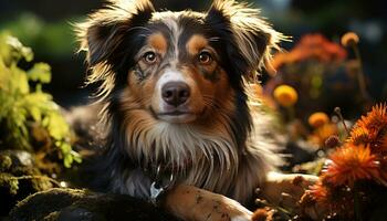 ai generado linda perrito sentado en césped, mirando a cámara con lealtad generado por ai foto