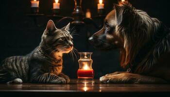 ai generado linda perro y gato sentado por luz de una vela, celebrando Víspera de Todos los Santos adentro generado por ai foto