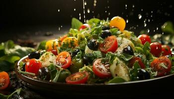 ai generado frescura en un plato sano ensalada, gastrónomo comida, orgánico Cereza tomate generado por ai foto