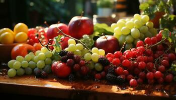 AI generated Freshness of nature bounty  grape, fruit, strawberry, raspberry, tomato, peach generated by AI photo