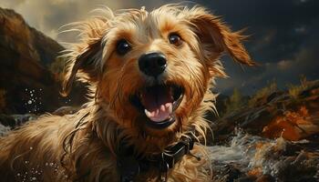 AI generated Cute puppy playing in water, wet fur, looking at camera generated by AI photo