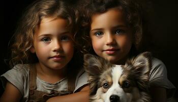 AI generated Cute child and dog, smiling girls, looking at camera, friendship generated by AI photo