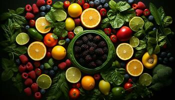 AI generated Freshness of nature bounty  juicy citrus, ripe berries, and healthy vegetables generated by AI photo