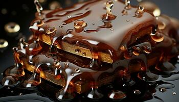 AI generated Indulgent gourmet dessert  dark chocolate cake with homemade chocolate sauce generated by AI photo