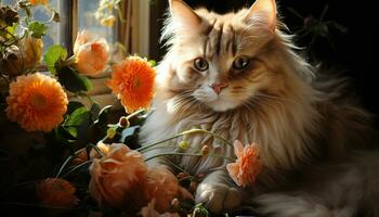 AI generated A cute kitten sitting in a formal garden, surrounded by flowers generated by AI photo