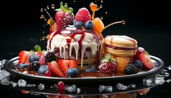 AI generated Gourmet dessert  Fresh berry slice on homemade chocolate pancake generated by AI photo