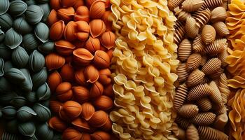 AI generated A colorful collection of pasta shapes, a healthy gourmet meal generated by AI photo