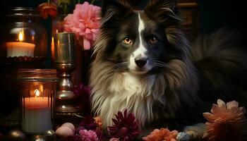 AI generated Cute puppy sitting, looking at camera, surrounded by flowers and candles generated by AI photo