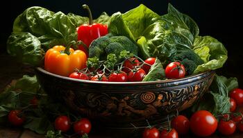 ai generado fresco, sano ensalada con orgánico vegetales en de madera mesa generado por ai foto