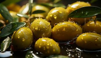 ai generado Fresco verde aceitunas relucir con Rocío, reflejando naturaleza sano comiendo generado por ai foto