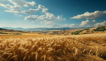 AI generated Golden wheat fields under a blue sky, nature summer beauty generated by AI photo