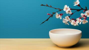 AI generated Bowl and branch of flowers on a calm blue background. photo