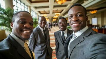 AI generated Four business men are posing together at a conference. Generative AI photo