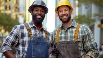 ai generado sonriente construcción trabajadores equipo en la seguridad engranaje al aire libre foto