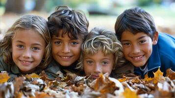 ai generado cuatro niños tendido en otoño hojas. generativo ai foto