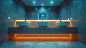 AI generated Modern bathroom interior with ambient lighting and double sink photo