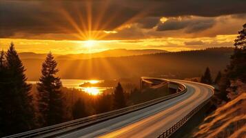 ai generado un escénico autopista a atardecer, con vibrante colores pintura el cielo como el Dom conjuntos en el antecedentes. generativo ai foto