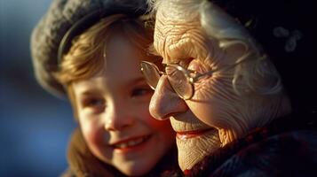 ai generado abuela gasto contento hora con su nieto. generativo ai foto