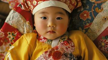 AI generated Asian baby is wearing a traditional dress. Generative AI photo