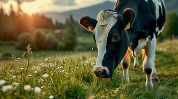 AI generated A cow is grazing on grass at sunset. photo