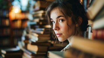 ai generado joven mujer rodeado por libros en biblioteca, retrato de intelectual belleza foto