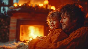 AI generated Loving father embracing child by a cozy fireplace in warm sweaters photo